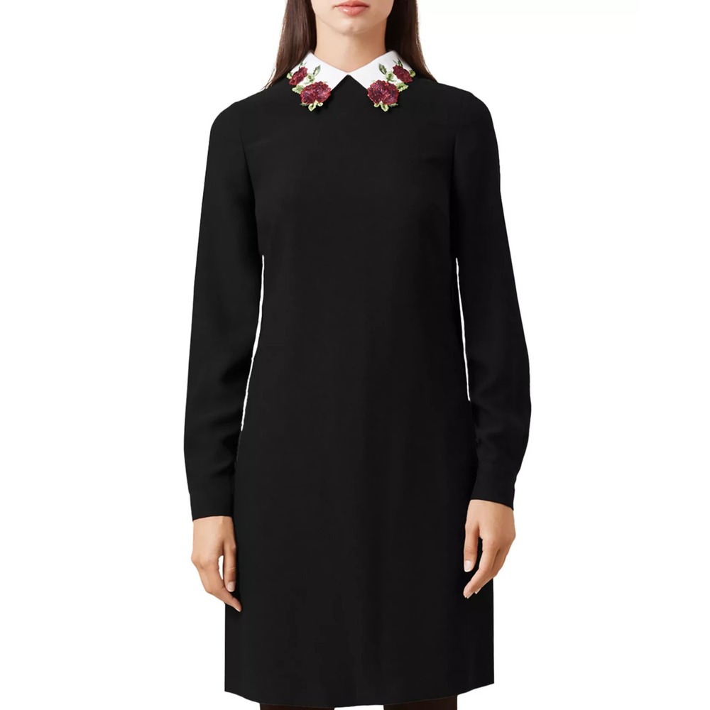 HOBBS LONDON Theodora Embroidered Floral Collared Shift Dress Black Crepe 4